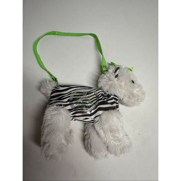 Girls Retro Hippie Dog Peace Sign White Fuzzy Dog Purse Zebra Stripe Retro Decor - Picture 8 of 8